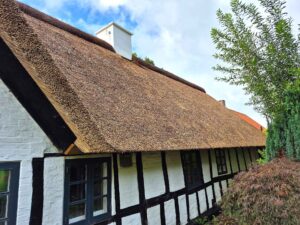 Langside af hvidt bindingsværkshus med et nylagt, tæt stråtag under en blå himmel.