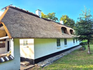 Husets gavl og lange tagflade med nyt stråtag, set fra haven på en solskinsdag.