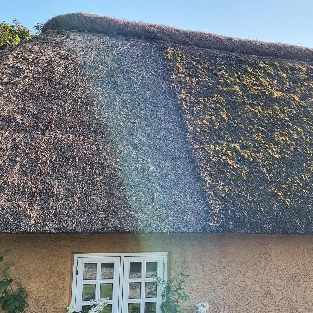 Reparation af stråtag før og efter