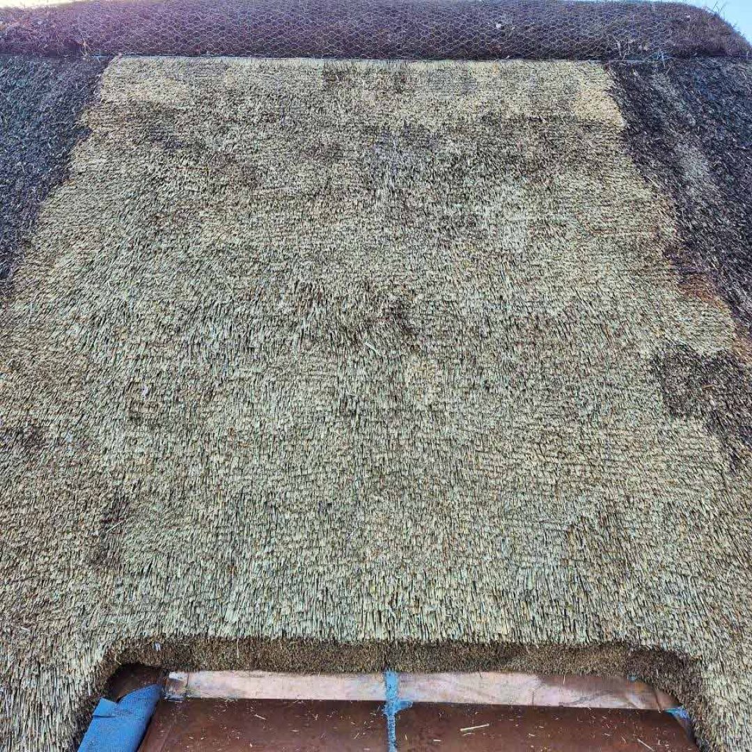 Repareret stråtag med nyere strå påført.